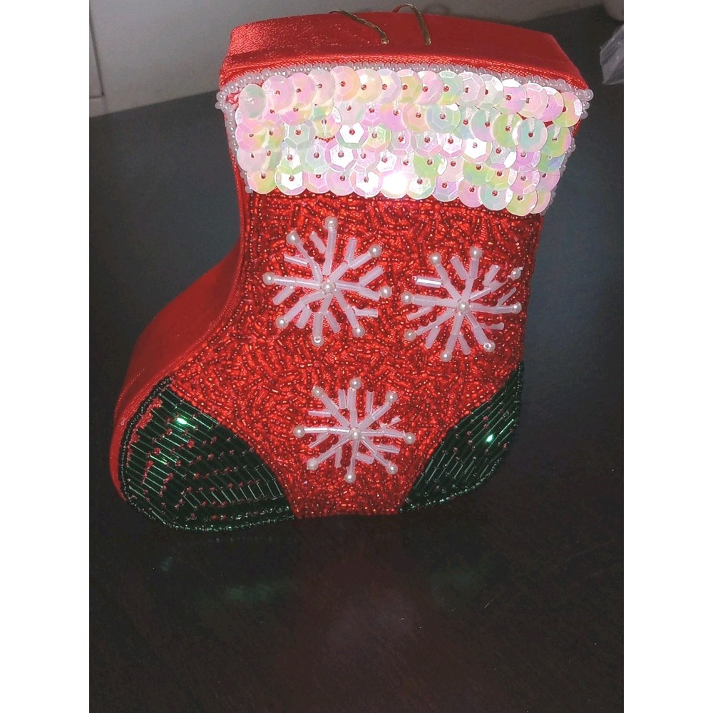 Beaded Sequins Red Stocking Trinket Christmas Holiday Gift Box Vintage